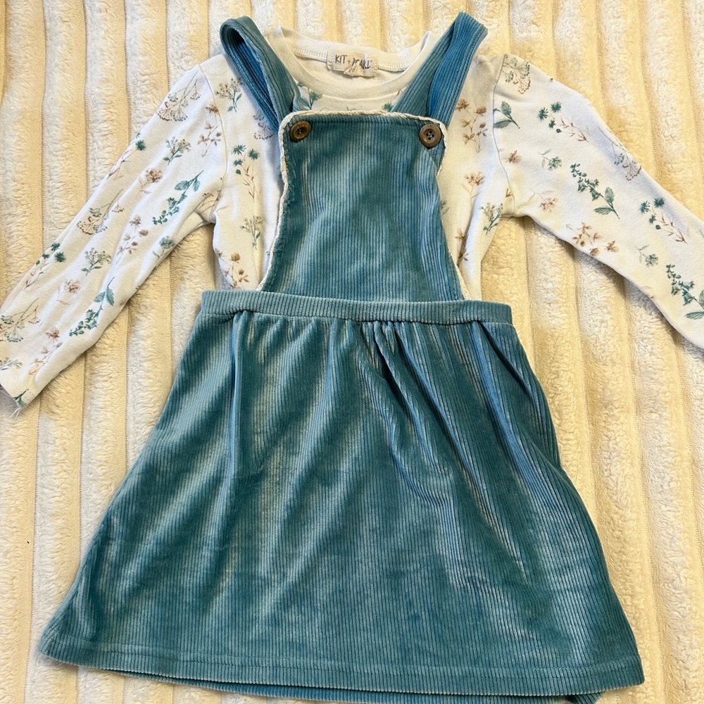 Teal Corduroy Pinafore Dress with Floral Top